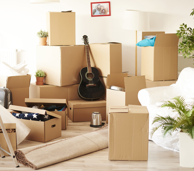 Packed moving boxes in a bright living room ready for an end of tenancy clean
