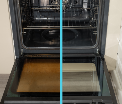 Before and after comparison of an oven door cleaned by Refresh